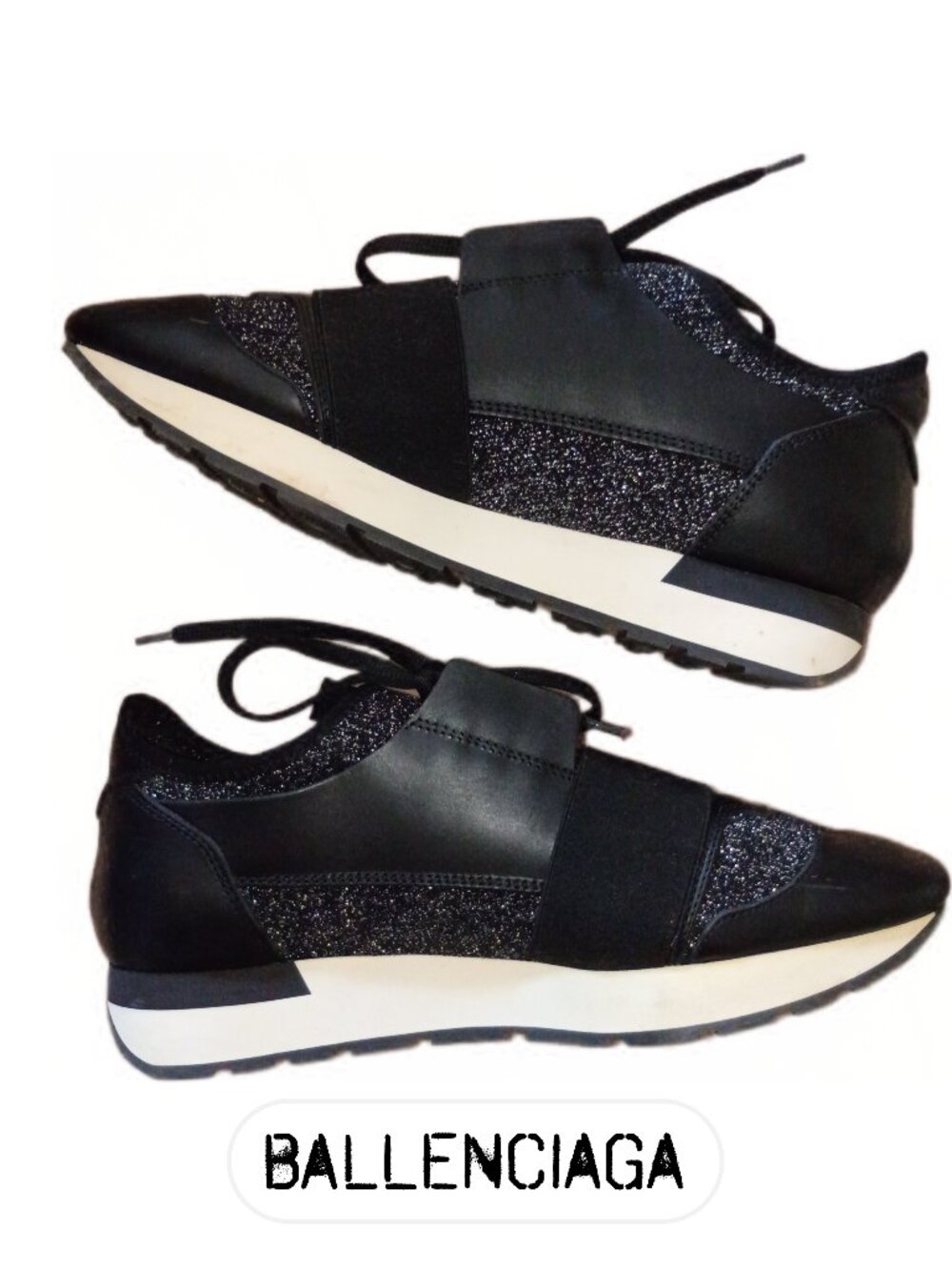 Balenciaga Black Glitter & Leather Trainers | Size EU 38 (US 7.5)